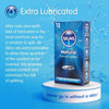 A blue background, at the top the text "Extra Lubricated" and underneath an explanation about the extra lubrication next to a pack of 12 Natural condoms on a white circular stand with water splash behind
