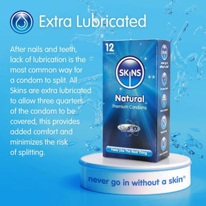 A blue background, at the top the text "Extra Lubricated" and underneath an explanation about the extra lubrication next to a pack of 12 Natural condoms on a white circular stand with water splash behind