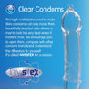 Blue gradient background with "Clear Condoms" written at the top and an explanation of the Invisitex latex. On the right a clear condom over a glass dildo