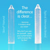 A blue background, at the top middle text that says "The difference is clear...". On the left a Skins Natural condom which looks perfectly clear, on the right a typical alternative condom which isn't as clear 