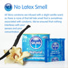 A white background, at the top the title "No Latex Smell" and below an explanation of how Skins condoms are infused with a vanilla scent. Below this a pack of Natural Skins condoms, a Natural condom foil and a vanilla pod
