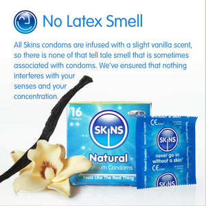 A white background, at the top the title "No Latex Smell" and below an explanation of how Skins condoms are infused with a vanilla scent. Below this a pack of Natural Skins condoms, a Natural condom foil and a vanilla pod