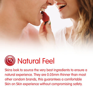 A couple feeding each other strawberries. Under this image, the heading Natural Feel and under this, an explanation about the natural feel of skins condoms