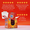 A red gradient background with 3, 5 strar reviews. On the bottom left, an open box of ultra thin condoms with a foil sticking out the top