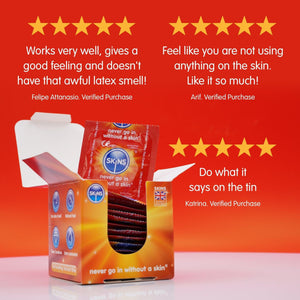 A red gradient background with 3, 5 strar reviews. On the bottom left, an open box of ultra thin condoms with a foil sticking out the top