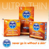 Dark orange gradient background with the heading Ultra Thin transparent. Under this a box of 16, 12, and 4 condoms. At the bottom left a blue Skins logo and next to this the slogan "never go in without a skin".