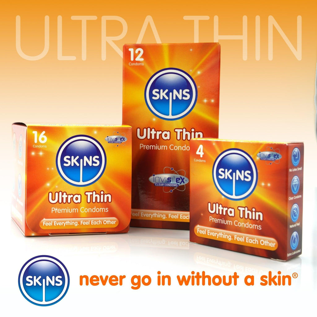 Dark orange gradient background with the heading Ultra Thin transparent. Under this a box of 16, 12, and 4 condoms. At the bottom left a blue Skins logo and next to this the slogan "never go in without a skin".