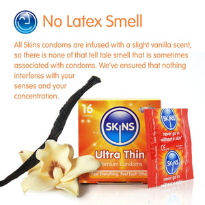 A white background with the heading "No Latex" and under an explanation of the vanilla scent of the skins condoms. Under this a box of 16 Ultra Thin Condoms and one ultra thin foil and a fresh vanilla pod