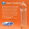 An orange gradient background with the heading "Clear Condoms". Under this an explanation about the high quality Invisitex latex. On the right a clear skins condom on a glass dildo. On the bottom left the Invistex logo