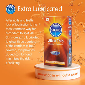 A bright orange background with the heading "Extra Lubricated" and under on the left an explanation of why skins condoms are extra lubricated. On the right a pack of 12 Ultra Thin condoms on a white circular stand with a splash of lube behind