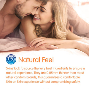 A couple on their fronts cuddling under the covers facing the camera. Under this image the heading "Natural Feel" and explanation about the natural feel of skins condoms 