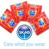 A white background with 4 ultra thin condoms fanned out above a blue skins logo and the phrase "Care what you wear".