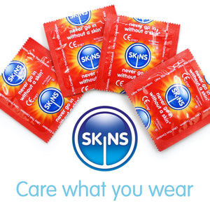 A white background with 4 ultra thin condoms fanned out above a blue skins logo and the phrase "Care what you wear".