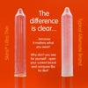 A bright red background, on the left a clear skins condom stretched out, on the right a less clear alternative brand skins condom