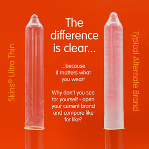 A bright red background, on the left a clear skins condom stretched out, on the right a less clear alternative brand skins condom