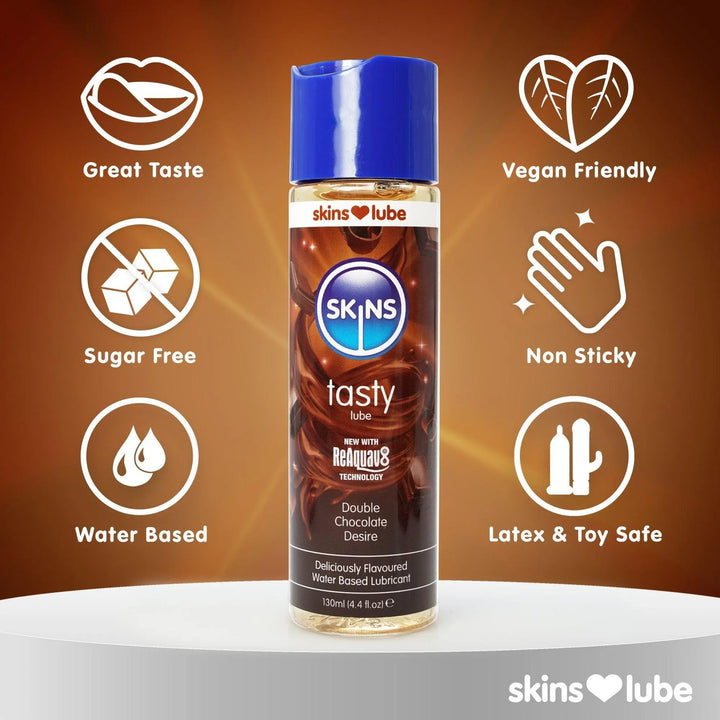 A brown gradient background with a white podium at the bottom and a SkinsChocolate Lube stood on top in the middle. Each side of the lube are 3 key point icons. 
