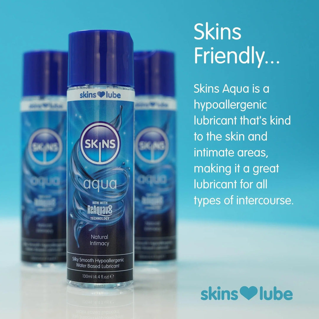 On the left 3 Skins Aqua Lube bottles, 1 at the front, 2 behind and slightly blurred. On the right, the heading "Skins Friendly..." and under this some information about why Skins Lube is good for the skin. 