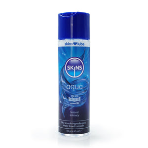 A bottle of Skins Aqua Natural Lube on a white background