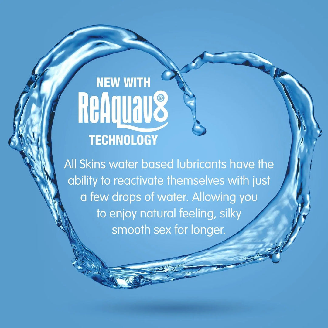 A pale blue background with a splash of water in the shape of a heart. In the middle of the heart, some information about the ReAquav8 technology used in Skins Lubricants.