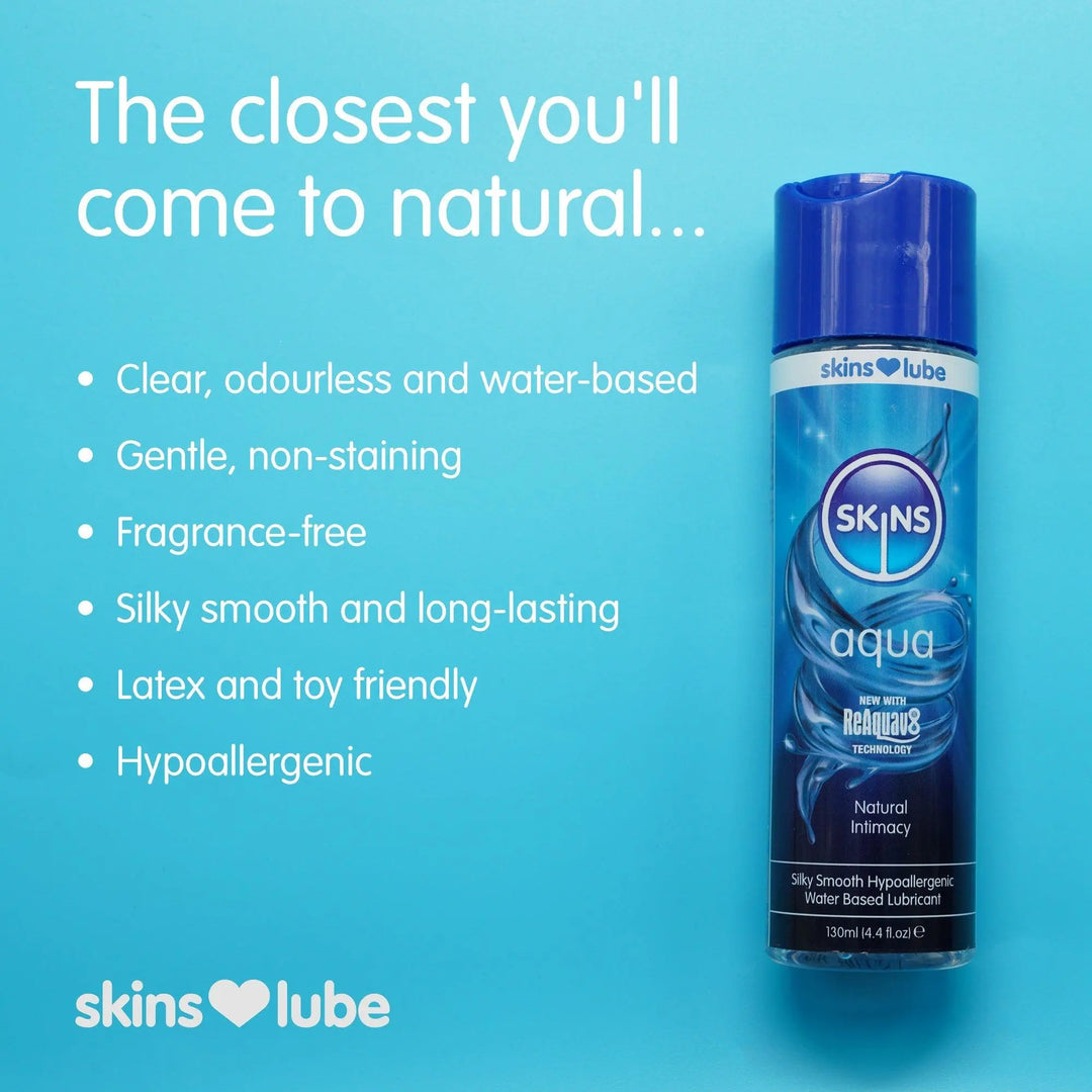 A light blue gradient background, with the heading "The closest you'll come to natural..." and underneath some USP bullet points about Skins Aqua lube. On the right of this, a bottle of Skins Aqua lube. 