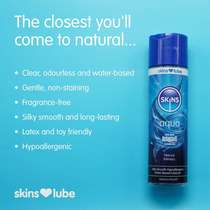 A light blue gradient background, with the heading "The closest you'll come to natural..." and underneath some USP bullet points about Skins Aqua lube. On the right of this, a bottle of Skins Aqua lube. 