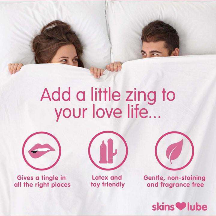A couple either side of the bed, under the covers with it pulled up to their eyes. On top of the covers the heading "Add a little zing to your life..." and under this, 3 USP icons.