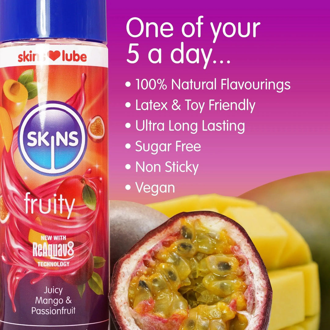 A purple gradient background, on the left a close-up of the Skins Mango&Passionfruit Lube. Next to this the heading "One of your 5 a day..." and under this, some USPs on the Mago&Passionfruit Lube.