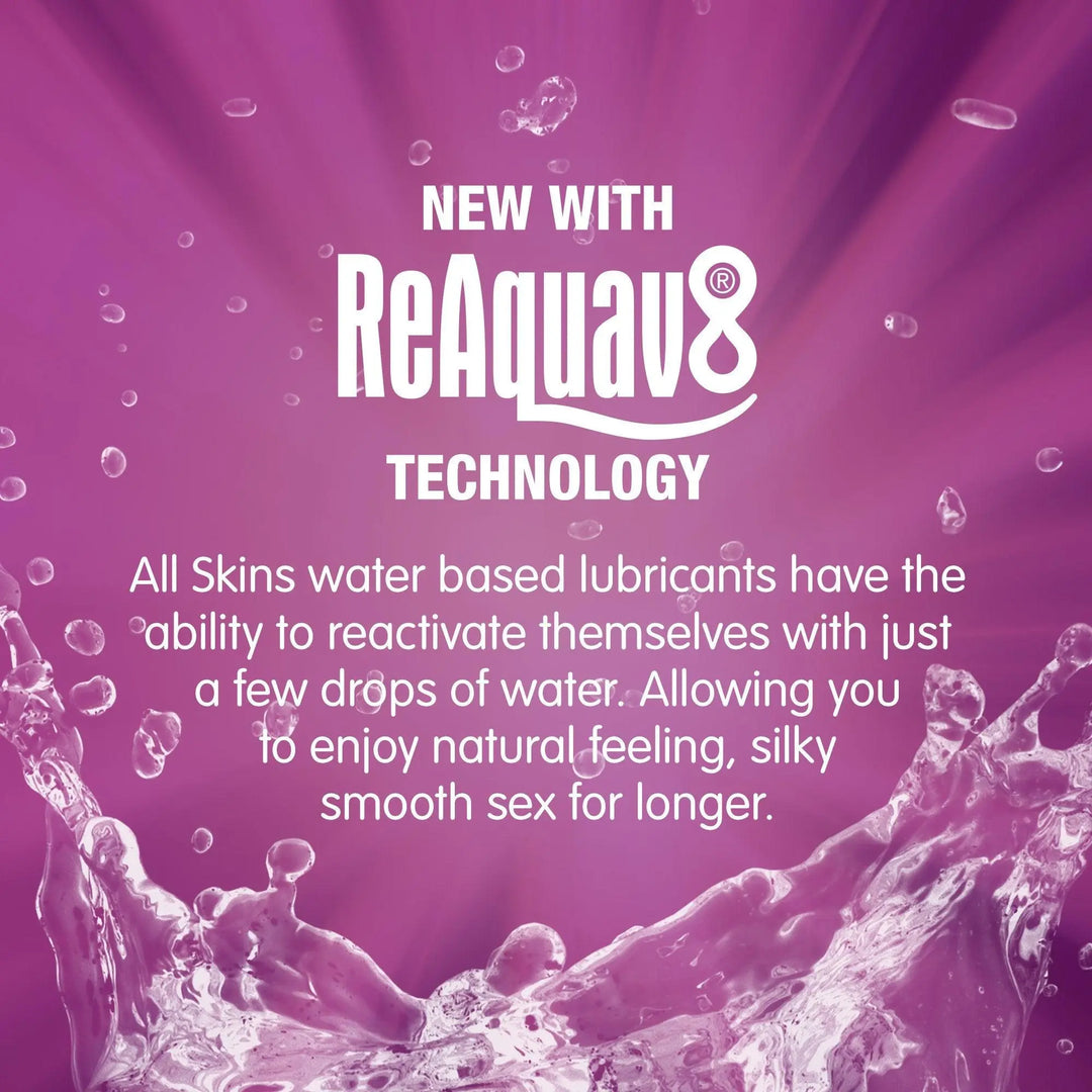 A bright purple background, getting lighter towards the middle where the ReAquav8 logo is. Under this some text about the ReAquav8 technology used in Skins Lubricants. 