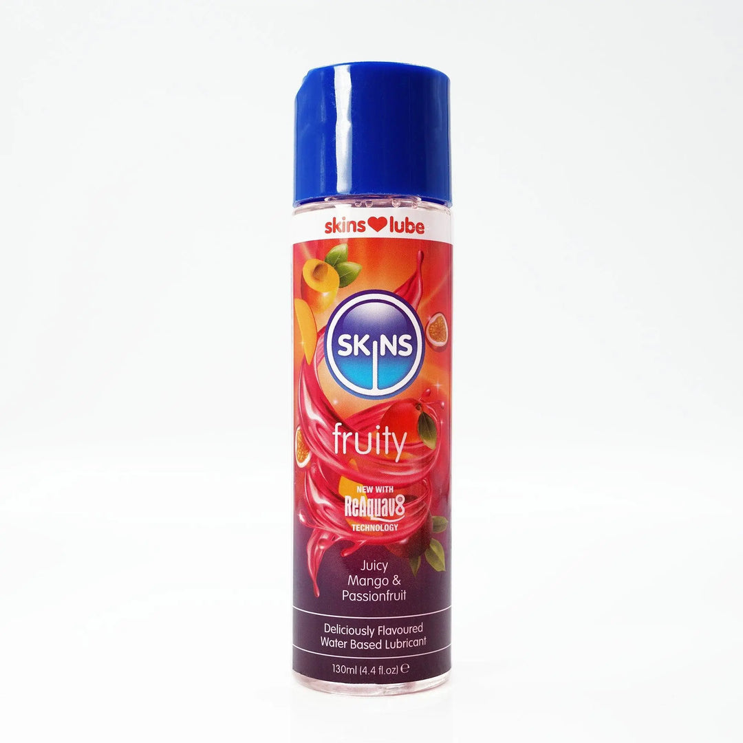 A bottle of Skins Mango&Passionfruit Lube on a white background.