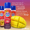 A purple to orange gradient background, to one side, 3 Skins Mnago&Passionfruit lubes surrounded by mango and passionfruit. To the right some tet about the flavour. 