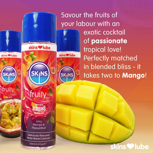 A purple to orange gradient background, to one side, 3 Skins Mnago&Passionfruit lubes surrounded by mango and passionfruit. To the right some tet about the flavour. 