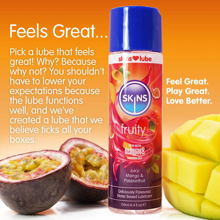 An orange gradient background with the heading "Feels Great...". Below this, some text about why customers should choose Skins Lube. Slightly to the right A bottle of Skins Mango&Passionfruit Lube. On the left, 2 passionfruit halves, and on the right, a chopped mango half.