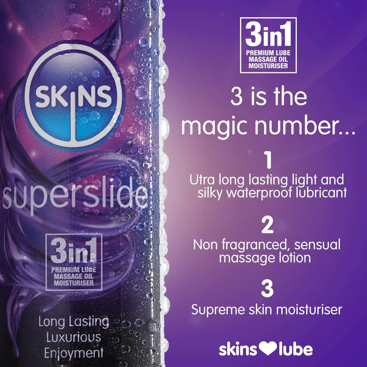 On the left, a close-up of the Skins Superslide lube with water droplets. To the right a purple background with 3 points as to why the Skins Superslide lube is a 3in1 premium lubricant 