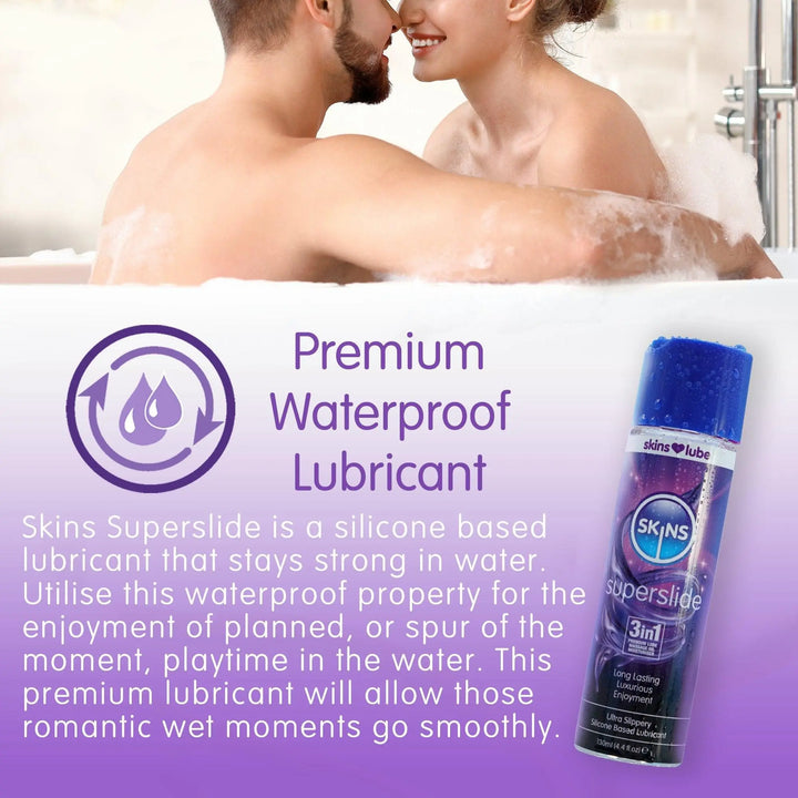 At the top of the image a couple in the bath together, covered by bubbles. Below this, a purple gradient background with some text about the premium waterproof lubricant and a bottle of superslide next to this