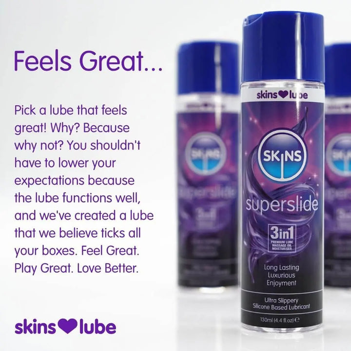 A white background with some text on the left as to why Skins Superslide lube feels great and to the right of this 3 Skins Superside lube bottle, 1 at the forefront in focus and the other 2 behind, slightly out of focus