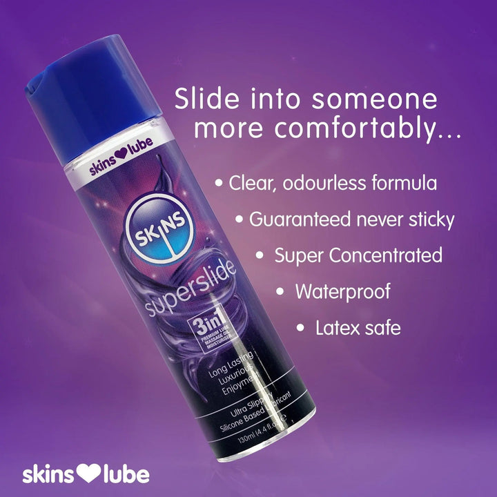 A purple background which get lighter in the middle. A Skins Superslide Lube turned slightly to the left in the middle of the image next to some bullet points about the Skins Superslide lube 