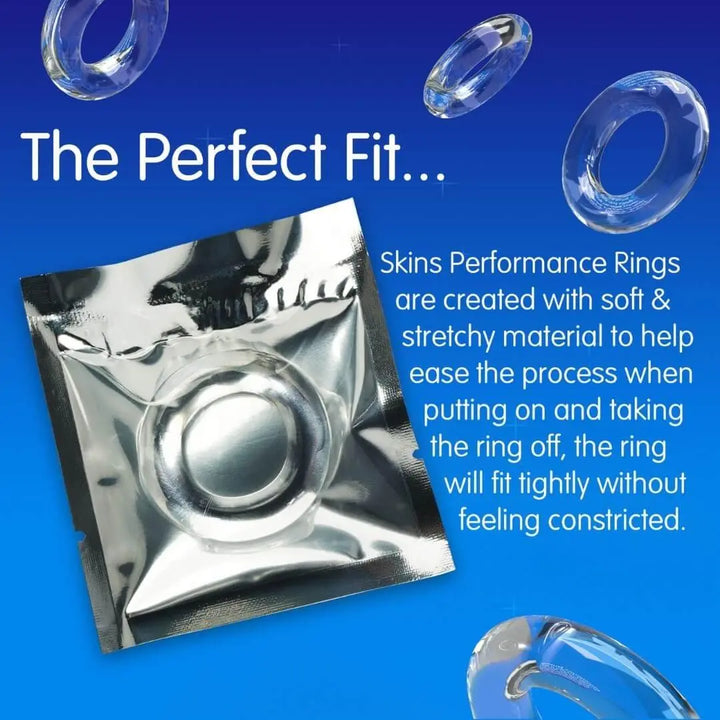 A blue gradient background with some singular performance rings around the edge and some text about the perfect fit  of the Performance Ring. Next to this, a singular foil of the Performance Ring