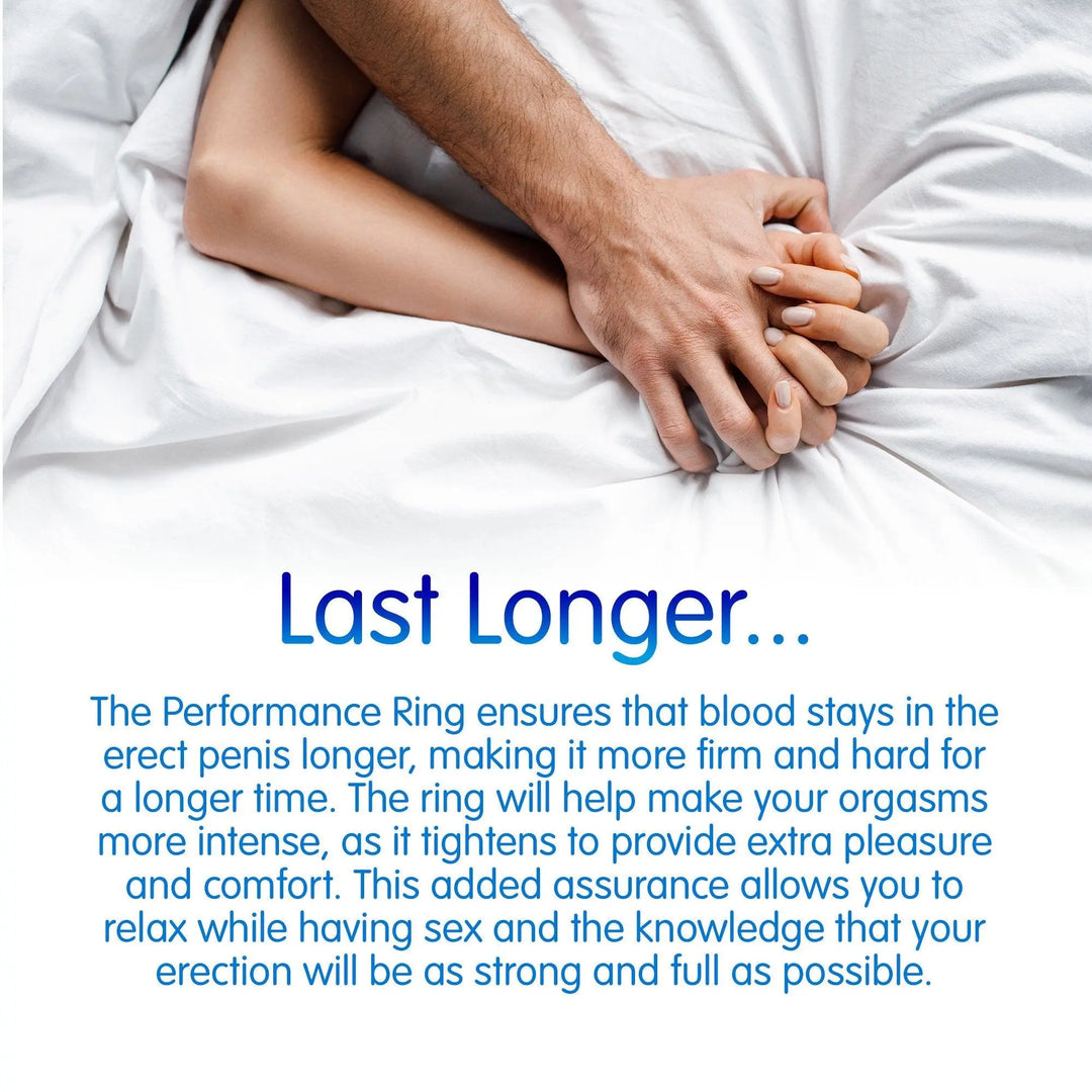 White bedsheets with two hands entwined. Below this, some information on how the performance ring helps you to last longer 