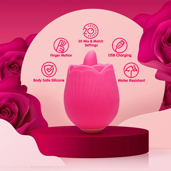 Pink rose sex toy with flicking tip on white background, part of the Skins Rose Buddies rose vibrator range.