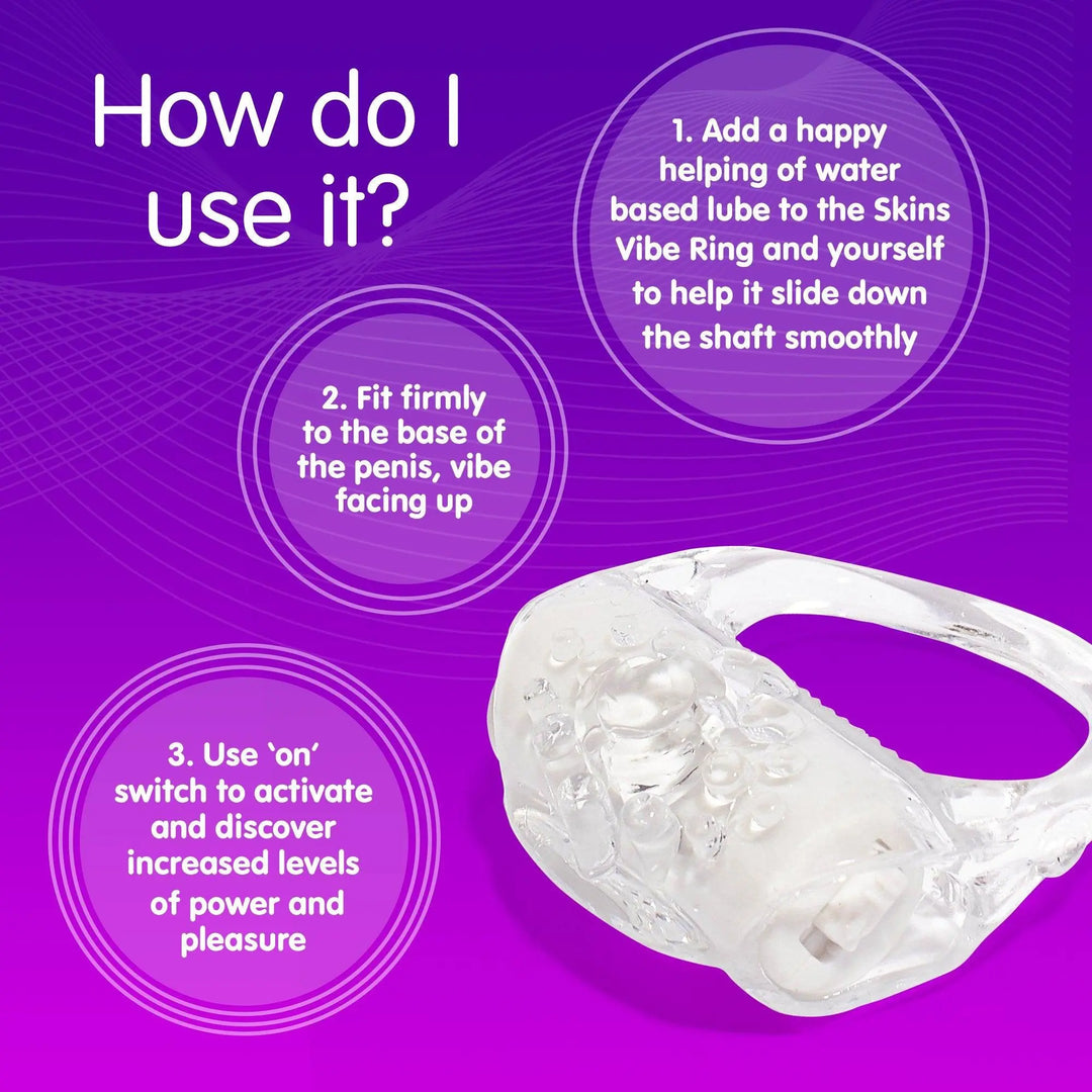 A purple and pink gradient background with 3 different sized circles with information about how to use the Vibe Ring and a singular Vibe Ring in the right hand corner 